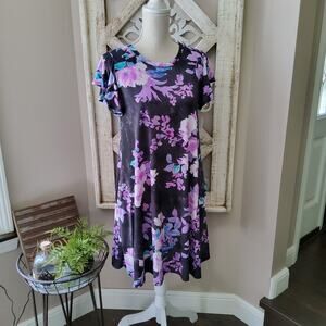 ValMarie Purple Floral Swing Shift Midi Dress M/L Boho Cottage Casual